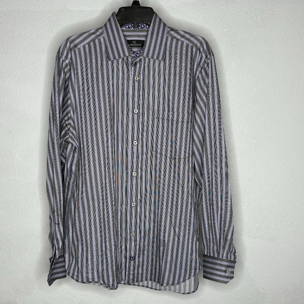 BUGATCHI UOMO Black & Purple Striped Floral Flip-Cuff Shirt - Mens Large